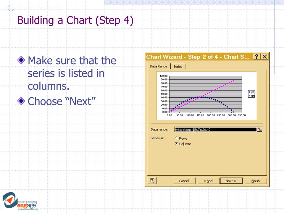 Building a Chart (Step 4) Make sure that the series is listed in columns. Choose Next