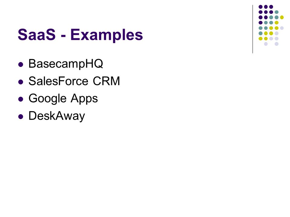 SaaS - Examples BasecampHQ SalesForce CRM Google Apps DeskAway