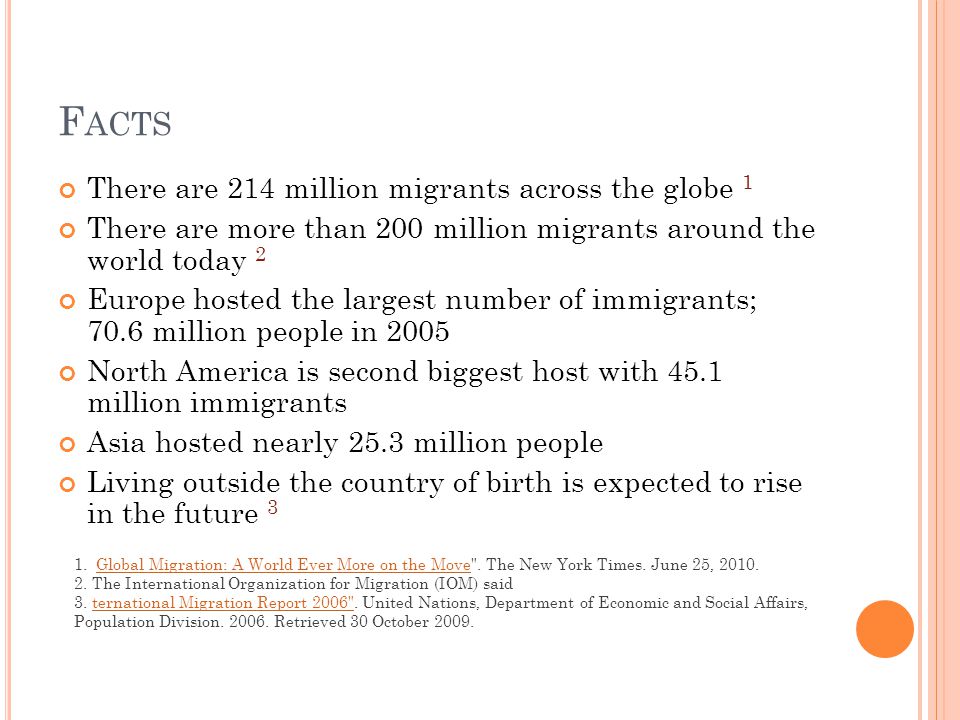 F ACTS There are 214 million migrants across the globe 1 There are more than 200 million migrants around the world today 2 Europe hosted the largest number of immigrants; 70.6 million people in 2005 North America is second biggest host with 45.1 million immigrants Asia hosted nearly 25.3 million people Living outside the country of birth is expected to rise in the future 3 1.