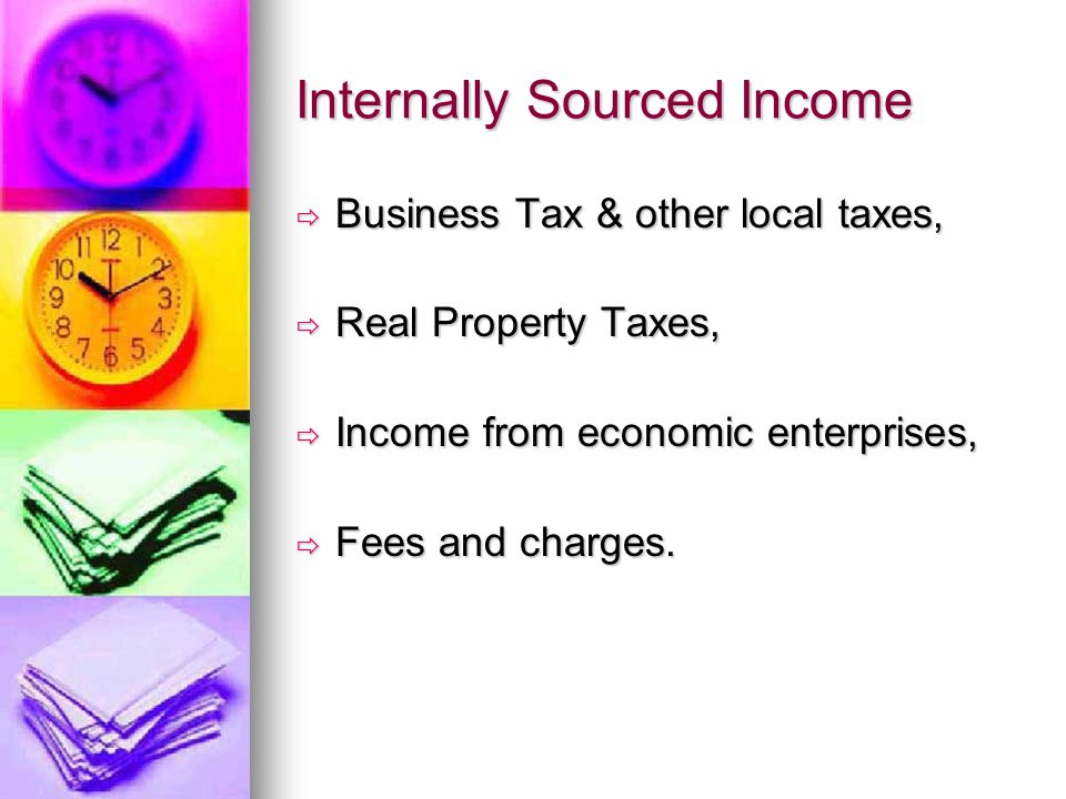 Internally Sourced Income  Business Tax & other local taxes,  Real Property Taxes,  Income from economic enterprises,  Fees and charges.
