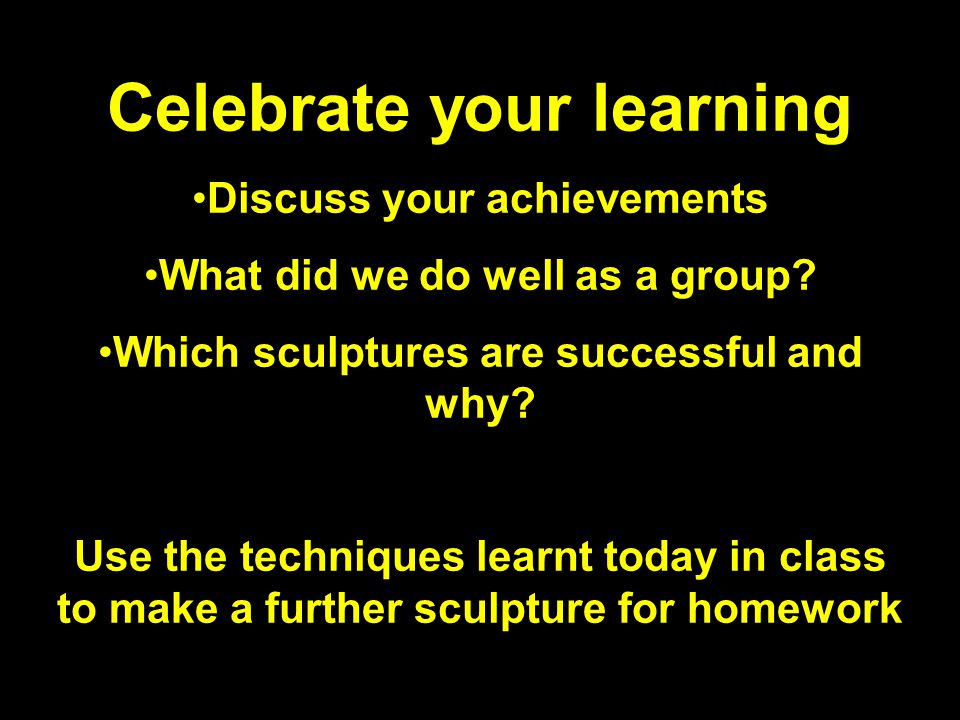 Celebrate your learning Discuss your achievements What did we do well as a group.