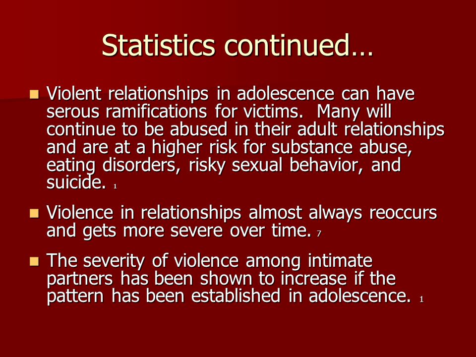 Statistics continued… Violent relationships in adolescence can have serous ramifications for victims.