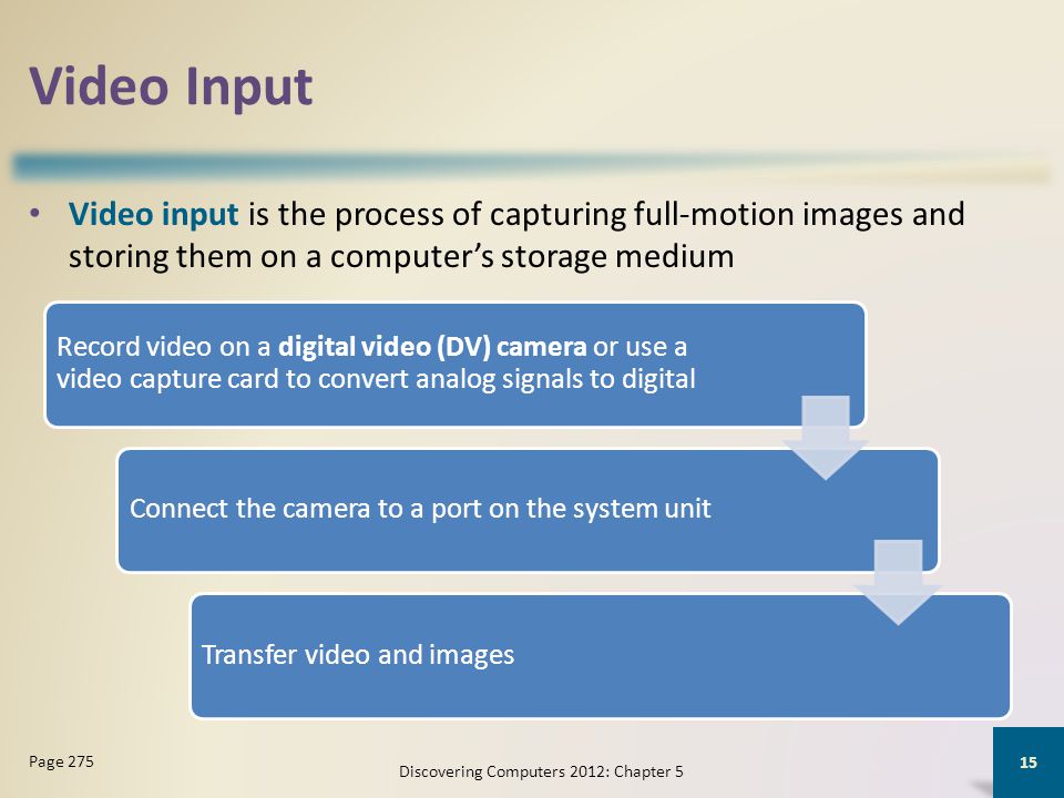 Video Input Video input is the process of capturing full-motion images and storing them on a computer’s storage medium Discovering Computers 2012: Chapter 5 15 Page 275 Record video on a digital video (DV) camera or use a video capture card to convert analog signals to digital Connect the camera to a port on the system unitTransfer video and images