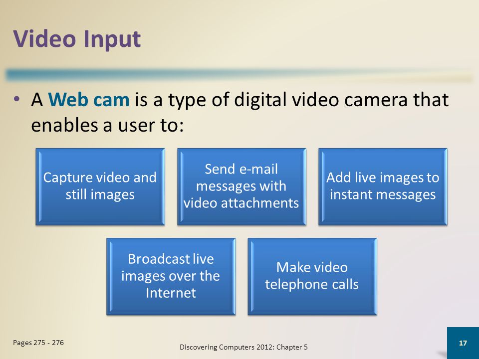 Video Input A Web cam is a type of digital video camera that enables a user to: Discovering Computers 2012: Chapter 5 17 Pages Capture video and still images Send  messages with video attachments Add live images to instant messages Broadcast live images over the Internet Make video telephone calls