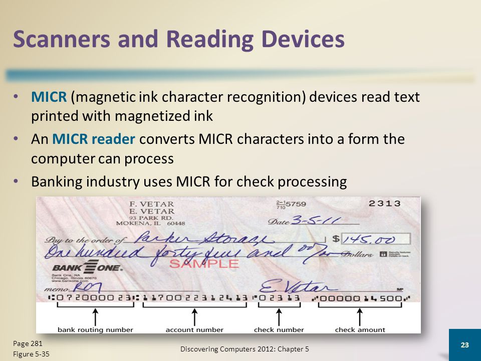 Scanners and Reading Devices MICR (magnetic ink character recognition) devices read text printed with magnetized ink An MICR reader converts MICR characters into a form the computer can process Banking industry uses MICR for check processing Discovering Computers 2012: Chapter 5 23 Page 281 Figure 5-35