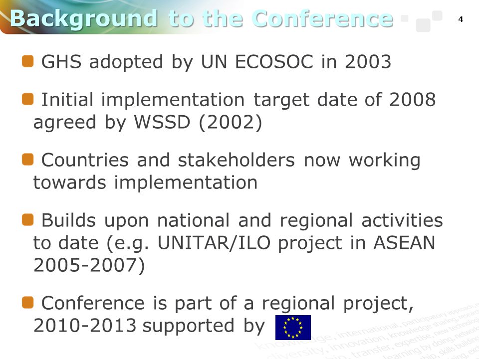 4 GHS adopted by UN ECOSOC in 2003 Initial implementation target date of 2008 agreed by WSSD (2002) Countries and stakeholders now working towards implementation Builds upon national and regional activities to date (e.g.