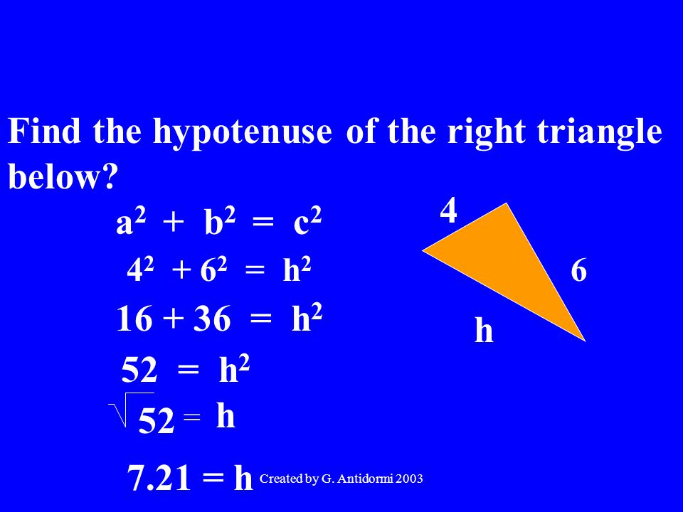 Created by G. Antidormi 2003 Find the hypotenuse of the right triangle below.