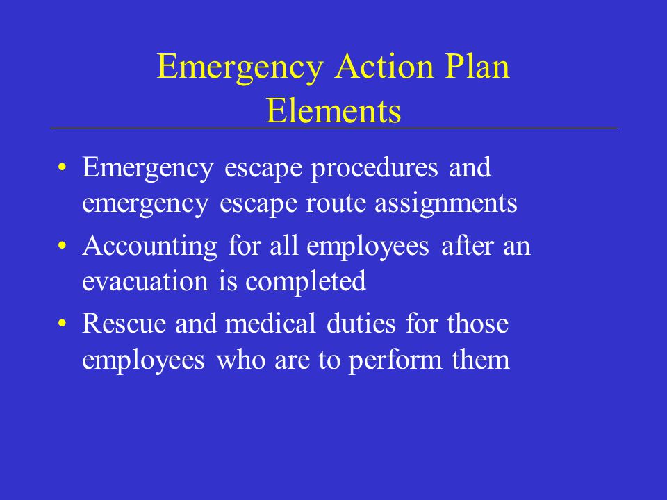 Emergency Action Plan Elements Emergency escape procedures and emergency escape route assignments Accounting for all employees after an evacuation is completed Rescue and medical duties for those employees who are to perform them