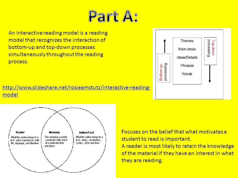 An interactive reading model is a reading model that recognizes the  interaction of bottom-up and top-down processes simultaneously throughout  the reading. - ppt download