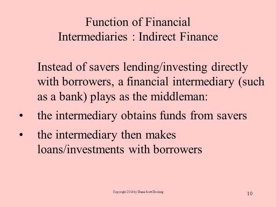 Function of Financial Intermediaries : Indirect Finance 10 Instead of savers lending/investing directly with borrowers, a financial intermediary (such as a bank) plays as the middleman: the intermediary obtains funds from savers the intermediary then makes loans/investments with borrowers Copyright 2014 by Diane Scott Docking