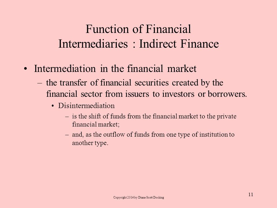 Function of Financial Intermediaries : Indirect Finance Intermediation in the financial market –the transfer of financial securities created by the financial sector from issuers to investors or borrowers.
