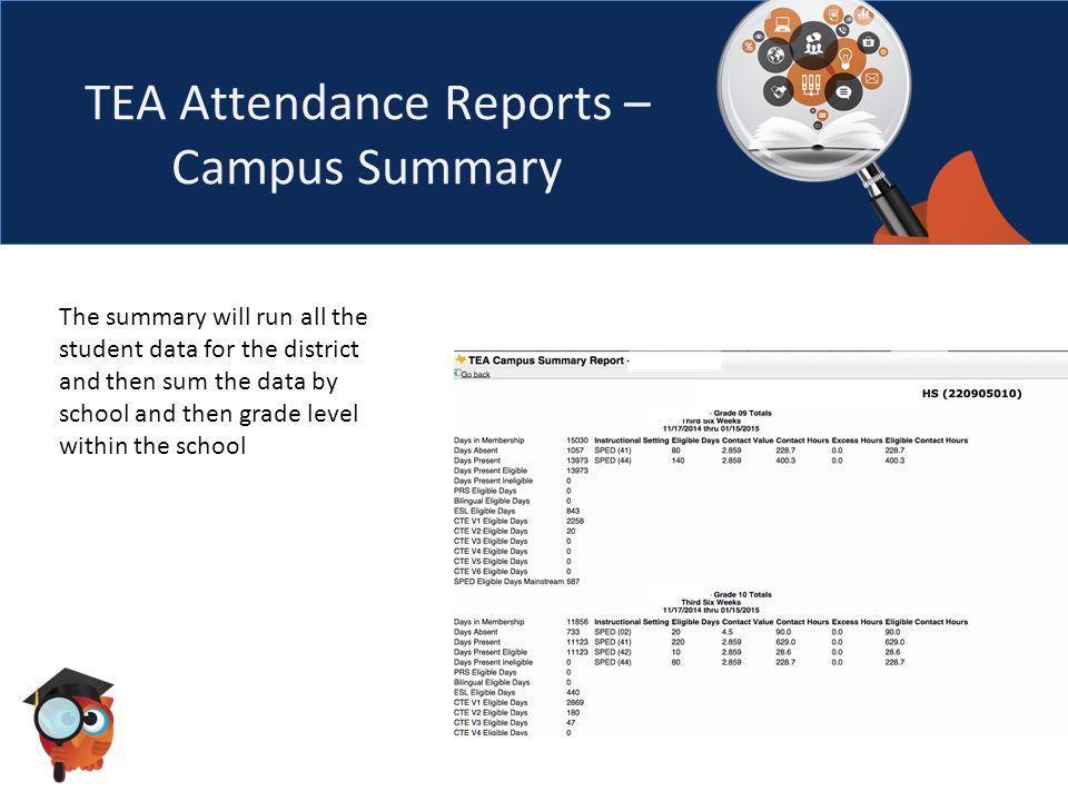 TEA Attendance Reports – Campus Summary The summary will run all the student data for the district and then sum the data by school and then grade level within the school