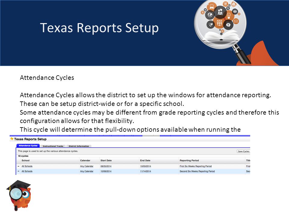 Texas Reports Setup Attendance Cycles Attendance Cycles allows the district to set up the windows for attendance reporting.