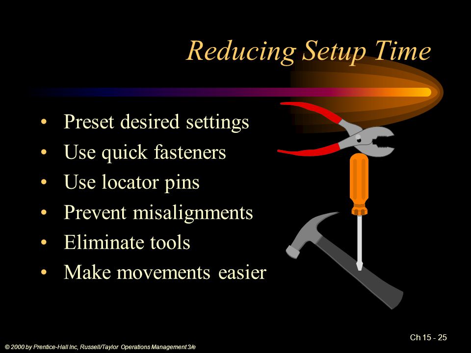 Ch Reducing Setup Time Preset desired settings Use quick fasteners Use locator pins Prevent misalignments Eliminate tools Make movements easier © 2000 by Prentice-Hall Inc, Russell/Taylor Operations Management 3/e