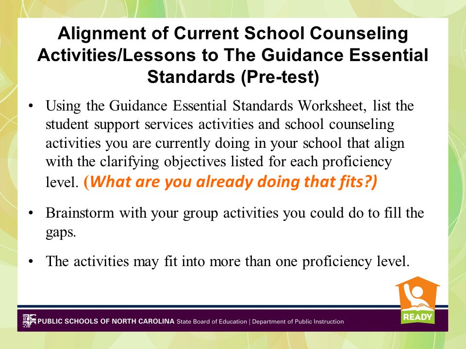 Alignment of Current School Counseling Activities/Lessons to The Guidance Essential Standards (Pre-test) Using the Guidance Essential Standards Worksheet, list the student support services activities and school counseling activities you are currently doing in your school that align with the clarifying objectives listed for each proficiency level.