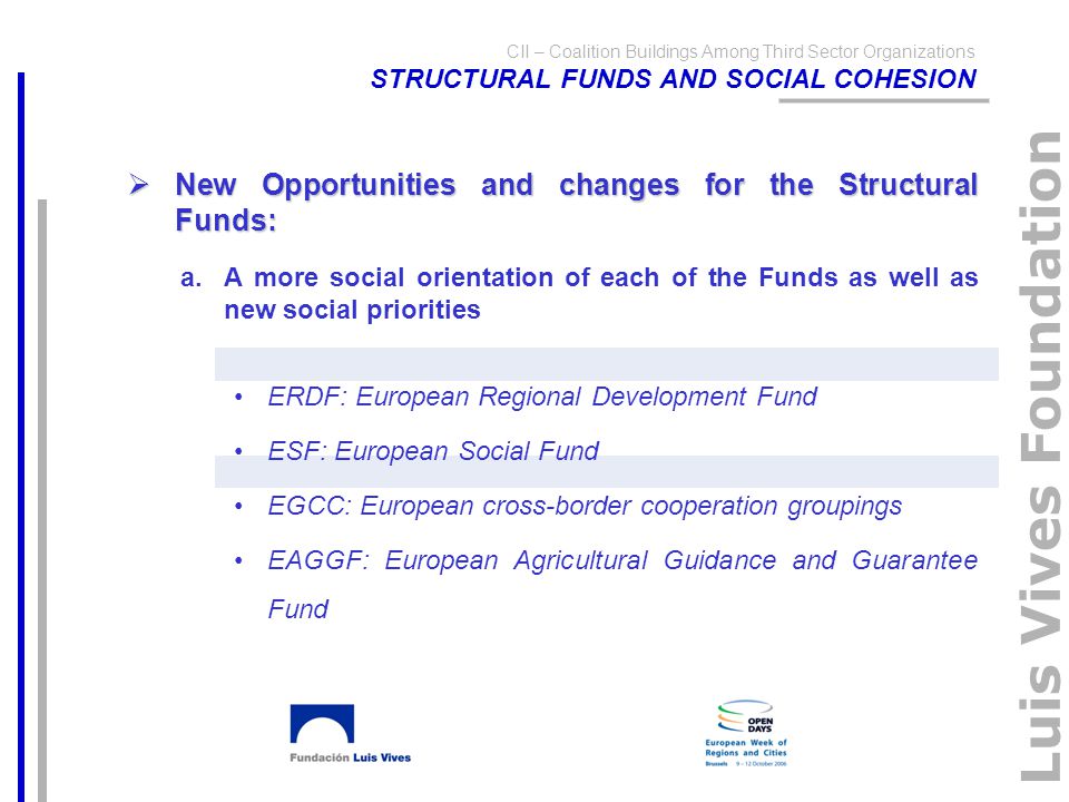 Luis Vives Foundation CII – Coalition Buildings Among Third Sector Organizations STRUCTURAL FUNDS AND SOCIAL COHESION  New Opportunities and changes for the Structural Funds: a.A more social orientation of each of the Funds as well as new social priorities ERDF: European Regional Development Fund ESF: European Social Fund EGCC: European cross-border cooperation groupings EAGGF: European Agricultural Guidance and Guarantee Fund