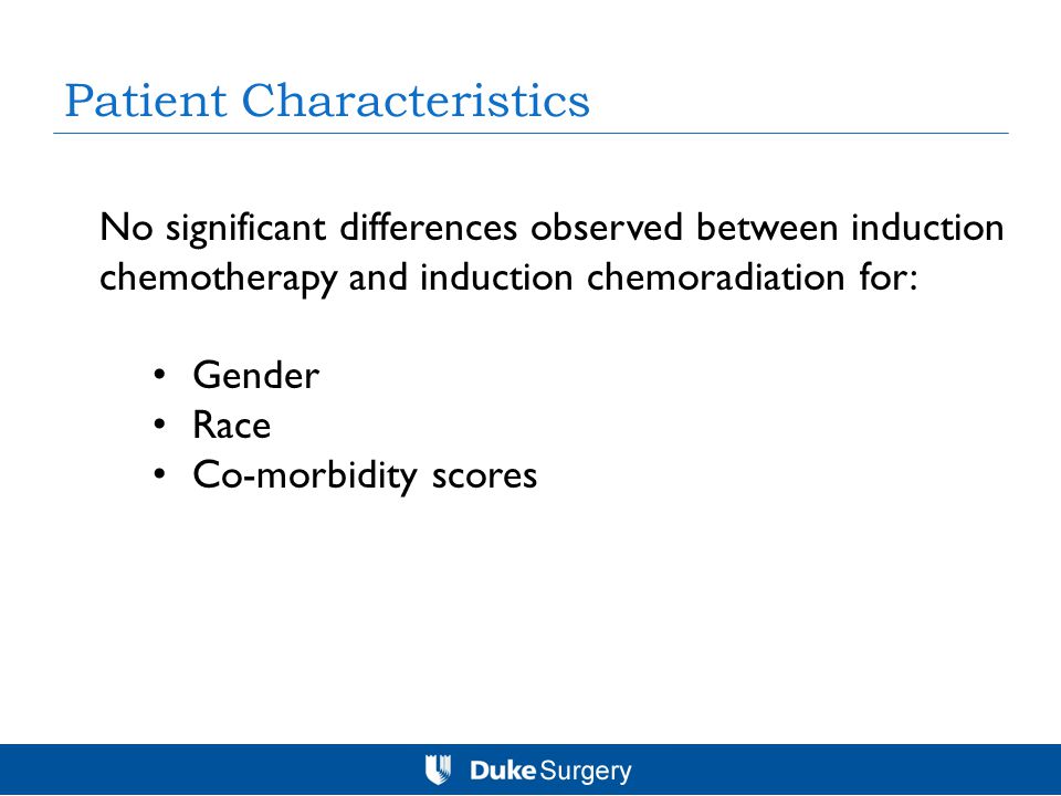 Patient Characteristics No significant differences observed between induction chemotherapy and induction chemoradiation for: Gender Race Co-morbidity scores