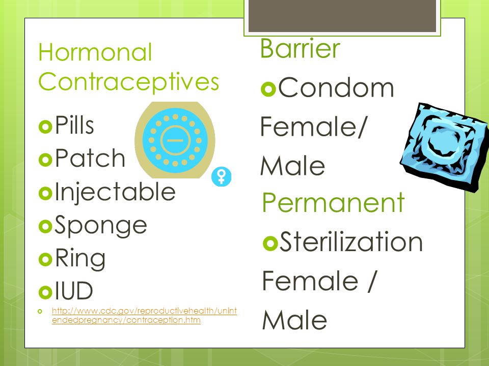 Hormonal Contraceptives  Pills  Patch  Injectable  Sponge  Ring  IUD    endedpregnancy/contraception.htm   endedpregnancy/contraception.htm Barrier  Condom Female/ Male Permanent  Sterilization Female / Male