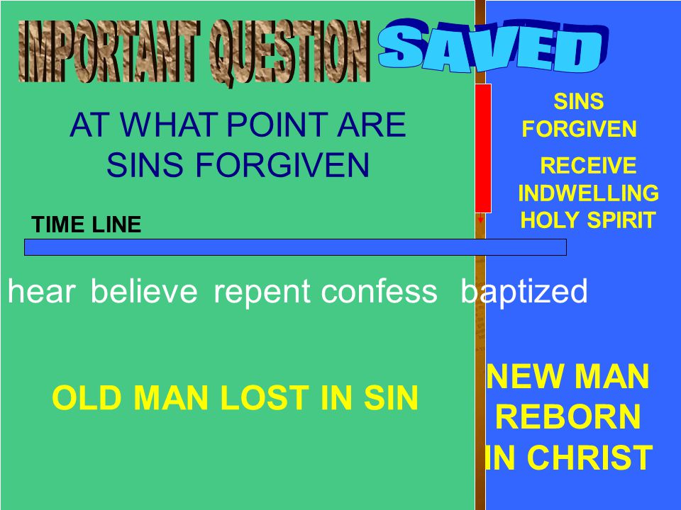 14 hearbelieverepentconfessbaptized SINS FORGIVEN TIME LINE OLD MAN LOST IN SIN NEW MAN REBORN IN CHRIST AT WHAT POINT ARE SINS FORGIVEN RECEIVE INDWELLING HOLY SPIRIT