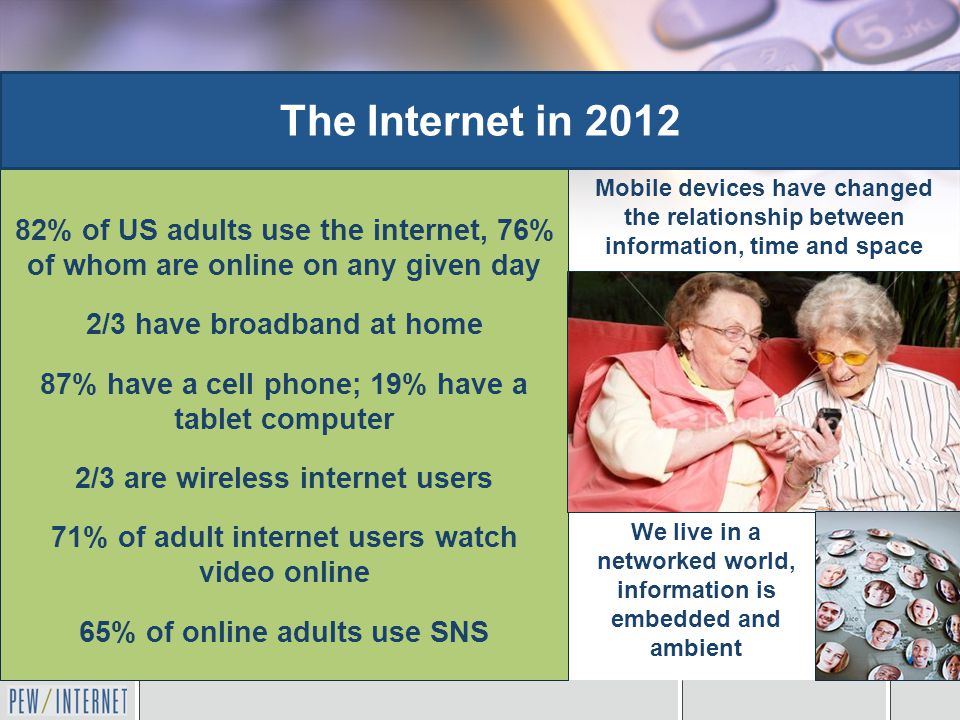 82% of US adults use the internet, 76% of whom are online on any given day 2/3 have broadband at home 87% have a cell phone; 19% have a tablet computer 2/3 are wireless internet users 71% of adult internet users watch video online 65% of online adults use SNS The Internet in 2012 Mobile devices have changed the relationship between information, time and space We live in a networked world, information is embedded and ambient