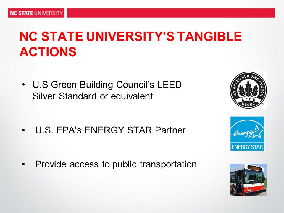 NC STATE UNIVERSITY’S TANGIBLE ACTIONS U.S Green Building Council’s LEED Silver Standard or equivalent U.S.