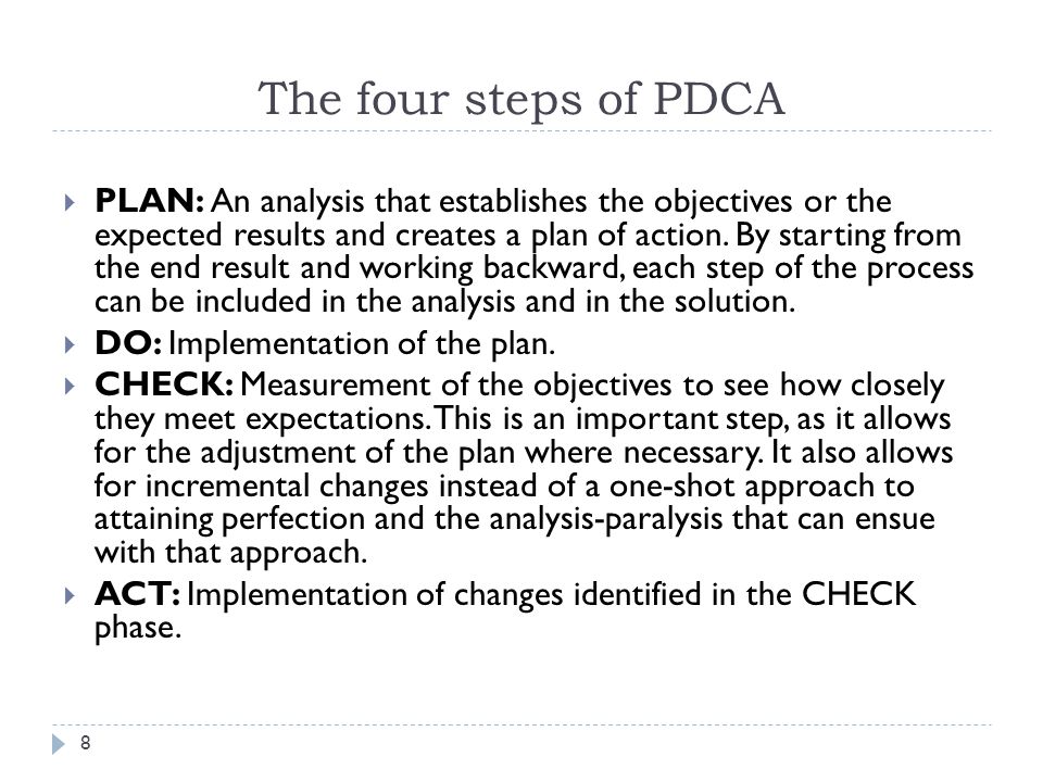 The four steps of PDCA  PLAN: An analysis that establishes the objectives or the expected results and creates a plan of action.
