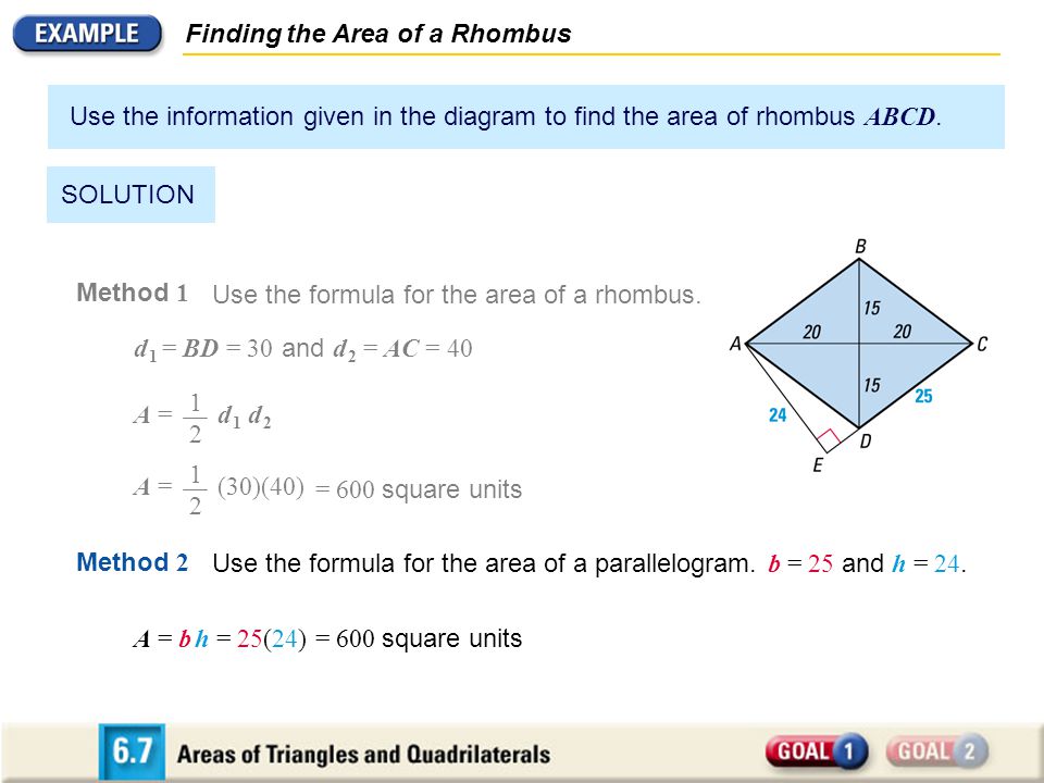 Finding the Area of a Rhombus Use the information given in the diagram to find the area of rhombus ABCD.