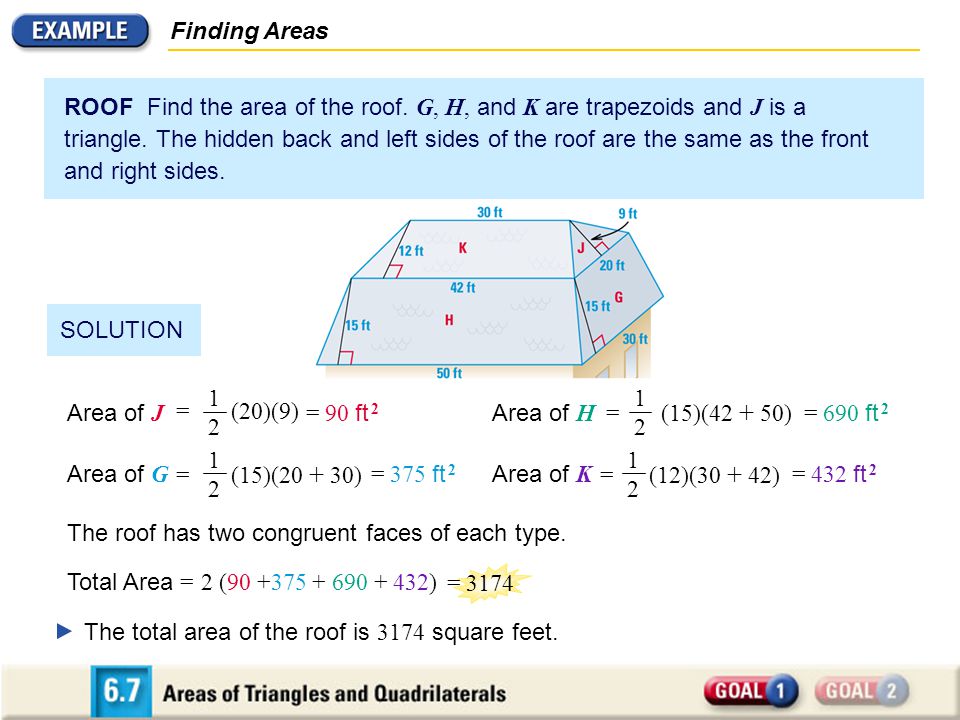 Finding Areas ROOF Find the area of the roof. G, H, and K are trapezoids and J is a triangle.