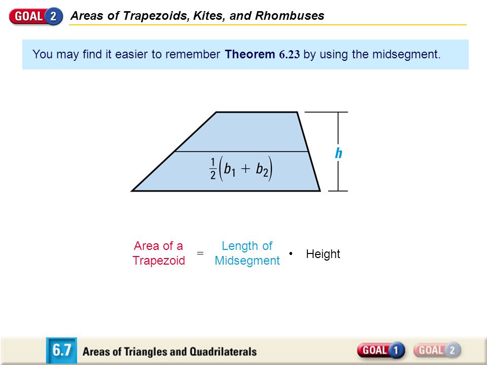 Areas of Trapezoids, Kites, and Rhombuses You may find it easier to remember Theorem 6.23 by using the midsegment.