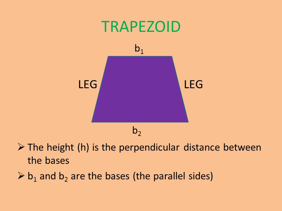 TRAPEZOID  The height (h) is the perpendicular distance between the bases  b 1 and b 2 are the bases (the parallel sides) LEG b1b1 b2b2