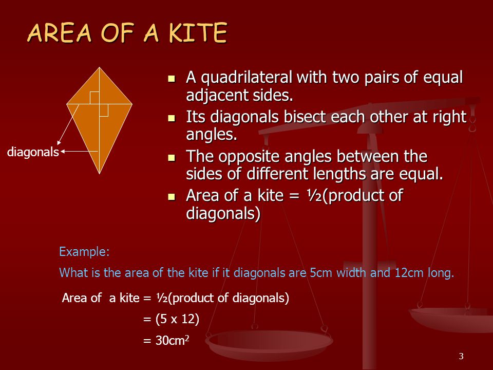 3 AREA OF A KITE A quadrilateral with two pairs of equal adjacent sides.