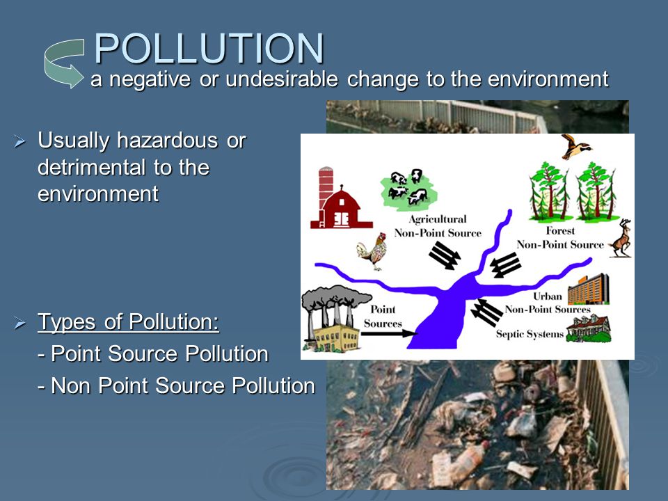 POLLUTION  Usually hazardous or detrimental to the environment  Types of Pollution: - Point Source Pollution - Non Point Source Pollution a negative or undesirable change to the environment