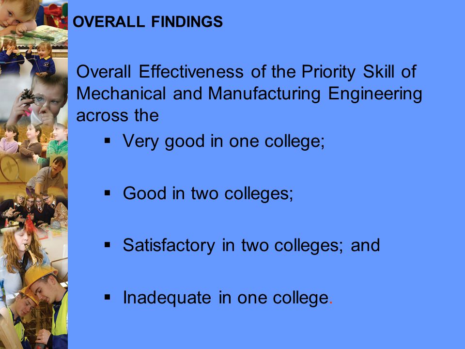 OVERALL FINDINGS Overall Effectiveness of the Priority Skill of Mechanical and Manufacturing Engineering across the  Very good in one college;  Good in two colleges;  Satisfactory in two colleges; and  Inadequate in one college.