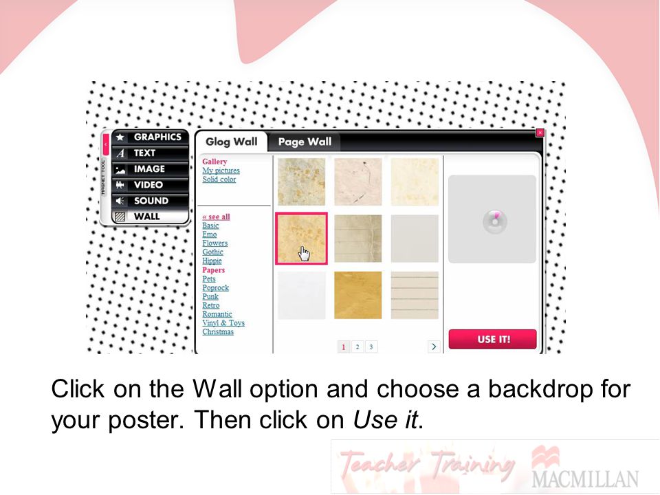 Click on the Wall option and choose a backdrop for your poster. Then click on Use it.