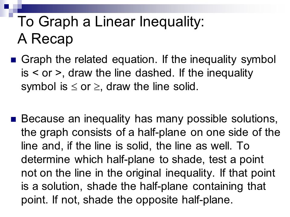 To Graph a Linear Inequality: A Recap Graph the related equation.
