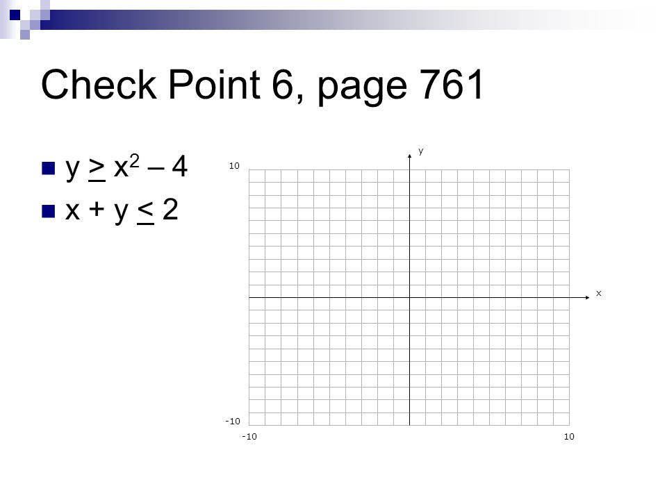 Check Point 6, page 761 y > x 2 – 4 x + y < 2 y x