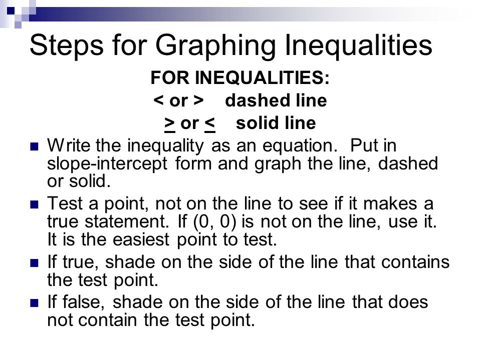 Steps for Graphing Inequalities FOR INEQUALITIES: dashed line > or < solid line Write the inequality as an equation.