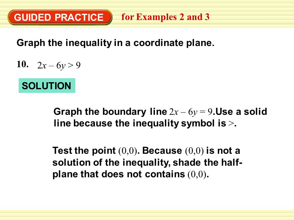 Graph the boundary line 2x – 6y = 9.Use a solid line because the inequality symbol is >.