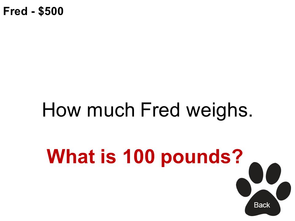 Fred - $400 Fred’s favorite snack. What is Popcorn Back