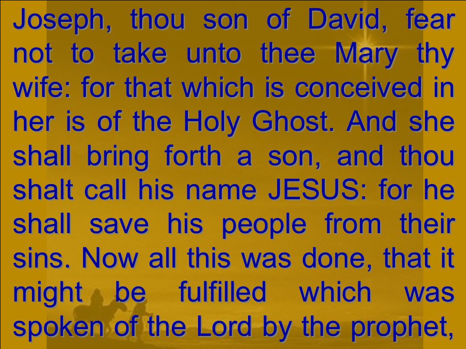 Joseph, thou son of David, fear not to take unto thee Mary thy wife: for that which is conceived in her is of the Holy Ghost.
