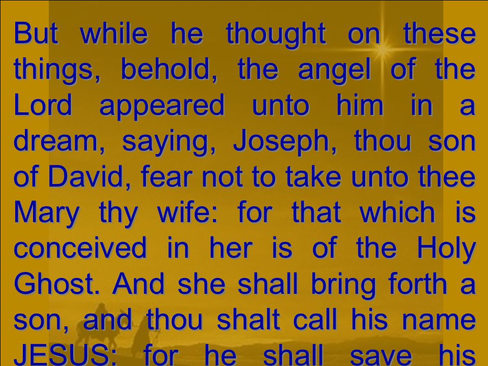 But while he thought on these things, behold, the angel of the Lord appeared unto him in a dream, saying, Joseph, thou son of David, fear not to take unto thee Mary thy wife: for that which is conceived in her is of the Holy Ghost.