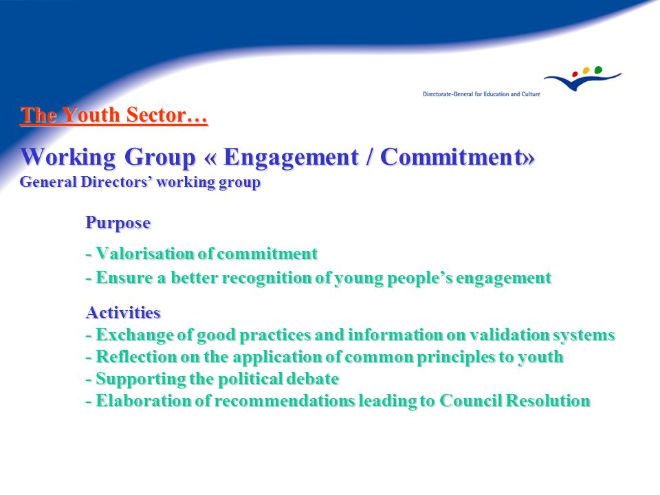 The Youth Sector… Working Group « Engagement / Commitment» General Directors’ working group Purpose - Valorisation of commitment - Ensure a better recognition of young people’s engagement Activities - Exchange of good practices and information on validation systems - Reflection on the application of common principles to youth - Supporting the political debate - Elaboration of recommendations leading to Council Resolution