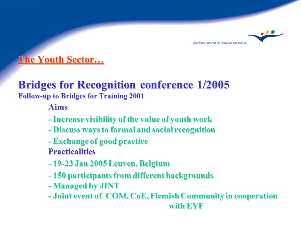 The Youth Sector… Bridges for Recognition conference 1/2005 Follow-up to Bridges for Training 2001 Aims - Increase visibility of the value of youth work - Discuss ways to formal and social recognition - Exchange of good practice Practicalities Jan 2005 Leuven, Belgium participants from different backgrounds - Managed by JINT - Joint event of COM, CoE, Flemish Community in cooperation with EYF