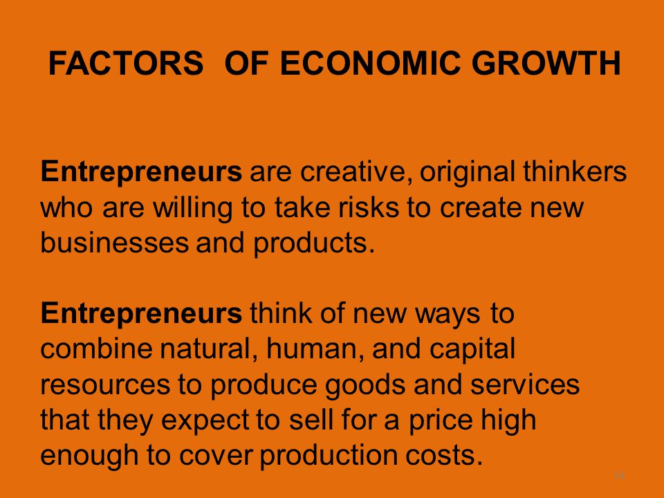 14 FACTORS OF ECONOMIC GROWTH Entrepreneurs are creative, original thinkers who are willing to take risks to create new businesses and products.