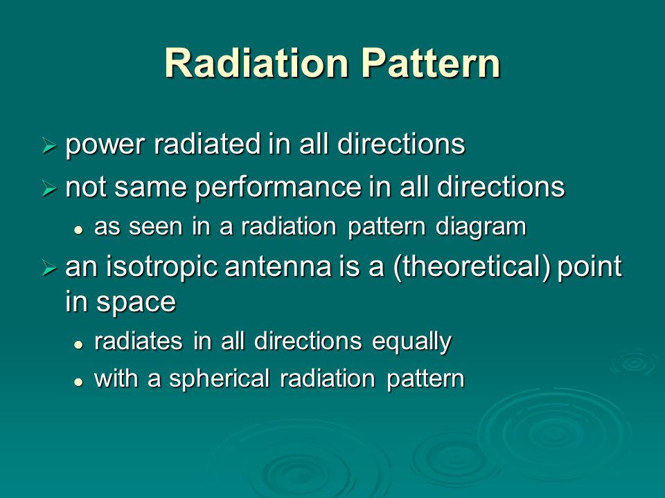 Radiation Pattern  power radiated in all directions  not same performance in all directions as seen in a radiation pattern diagram as seen in a radiation pattern diagram  an isotropic antenna is a (theoretical) point in space radiates in all directions equally radiates in all directions equally with a spherical radiation pattern with a spherical radiation pattern