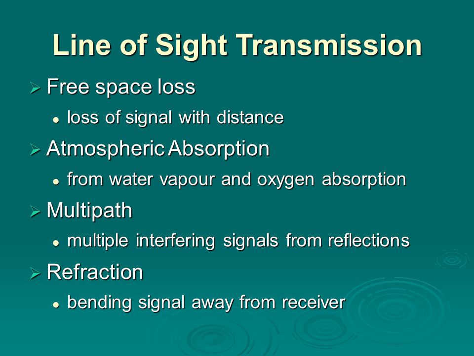 Line of Sight Transmission  Free space loss loss of signal with distance loss of signal with distance  Atmospheric Absorption from water vapour and oxygen absorption from water vapour and oxygen absorption  Multipath multiple interfering signals from reflections multiple interfering signals from reflections  Refraction bending signal away from receiver bending signal away from receiver