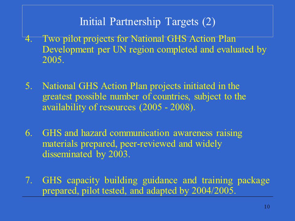 10 Initial Partnership Targets (2) 4.Two pilot projects for National GHS Action Plan Development per UN region completed and evaluated by 2005.