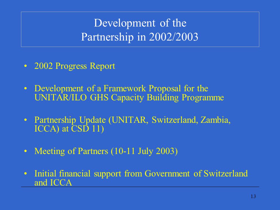 13 Development of the Partnership in 2002/ Progress Report Development of a Framework Proposal for the UNITAR/ILO GHS Capacity Building Programme Partnership Update (UNITAR, Switzerland, Zambia, ICCA) at CSD 11) Meeting of Partners (10-11 July 2003) Initial financial support from Government of Switzerland and ICCA