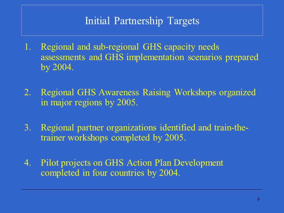 9 Initial Partnership Targets 1.Regional and sub-regional GHS capacity needs assessments and GHS implementation scenarios prepared by 2004.
