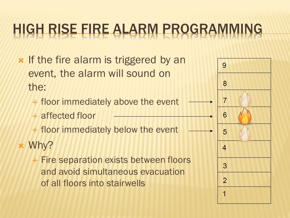  If the fire alarm is triggered by an event, the alarm will sound on the:  floor immediately above the event  affected floor  floor immediately below the event  Why.